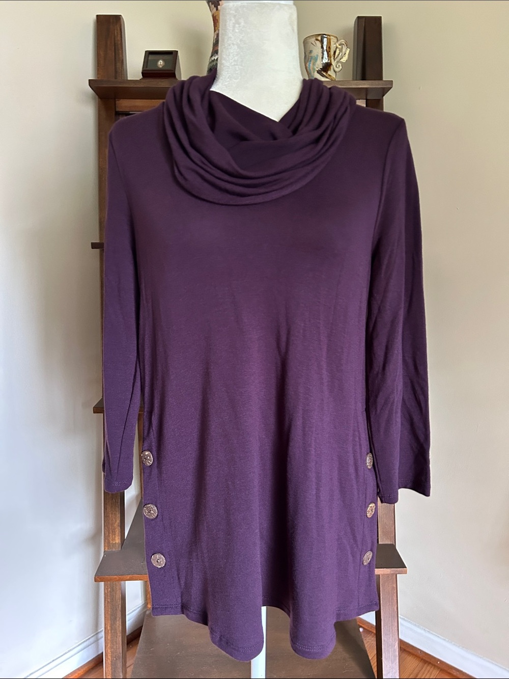 Women's Plum Cowl Neck Tunic with Side Button Detail